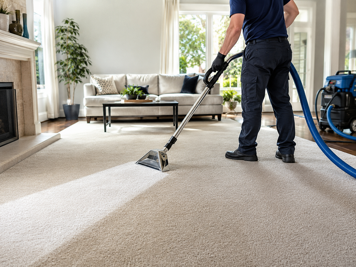 Hot water carpet extraction in a living room